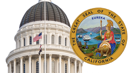 Image of the top of the California State Capital with the California state seal overlaid on top.