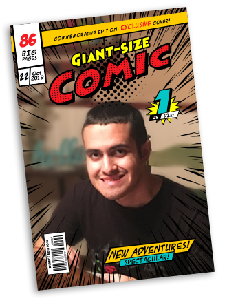 Photo of Daniel on the cover of a comic book.