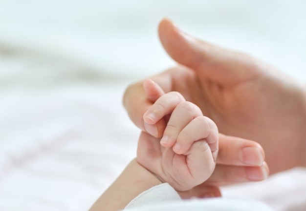 Stock photo: Close up photo of a baby's hand holding an adults finger.