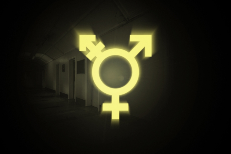 Photo of a dark looking corridor to a detention facility. The transgender symbol glows brightly slightly illuminating the scene.