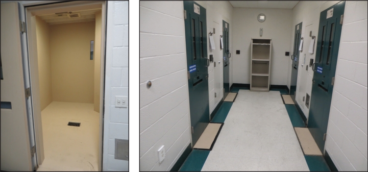 Side by side photos showing detention facility environment.