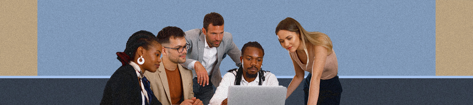 From left to right a black woman with short braided hair in a white button up with a blazer, A light skinned latino man with brown glasses and a tan blazer, a white man with a grey blazer, a black man in white button up and a Latina woman with a beige top and long brown hair. They were all looking at the laptop. With a blue background.