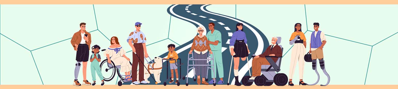 From left to right, an illustration of 11 people with disabilities. A man with a bionic leg, a young girl with a hearing aid, a lady in a wheelchair, a blind man with a service dog beside him, a young boy with a roller walker, an elder lady with a walker and a male nurse assisting her, a woman with an amputated leg using crutches, an elder man in an electronic wheelchair, a woman with a bionic arm and a man with running blades.