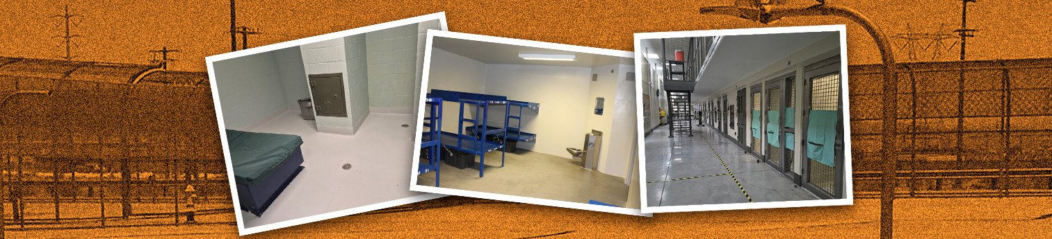 Three photos showing the interior of the detention center. They show how the center is like a prison.