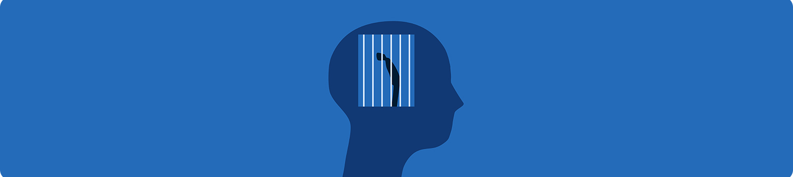 Blue background with a darker blue illustration of a portrait view of a human head. In the mind is human trapped in a prison.