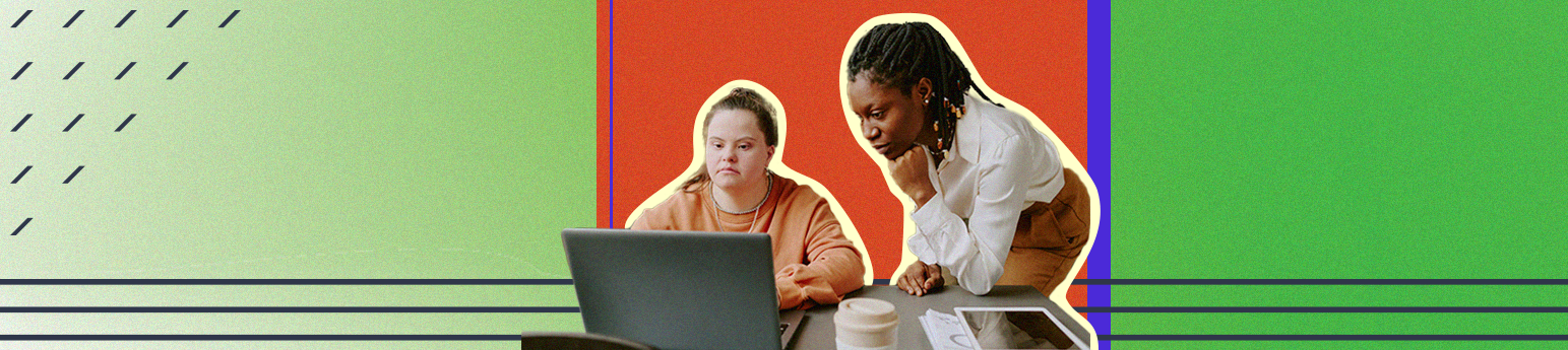 Close up of a female Caucasian with down syndrome looking her laptop with her Black case worker beside her, they are looking for online information