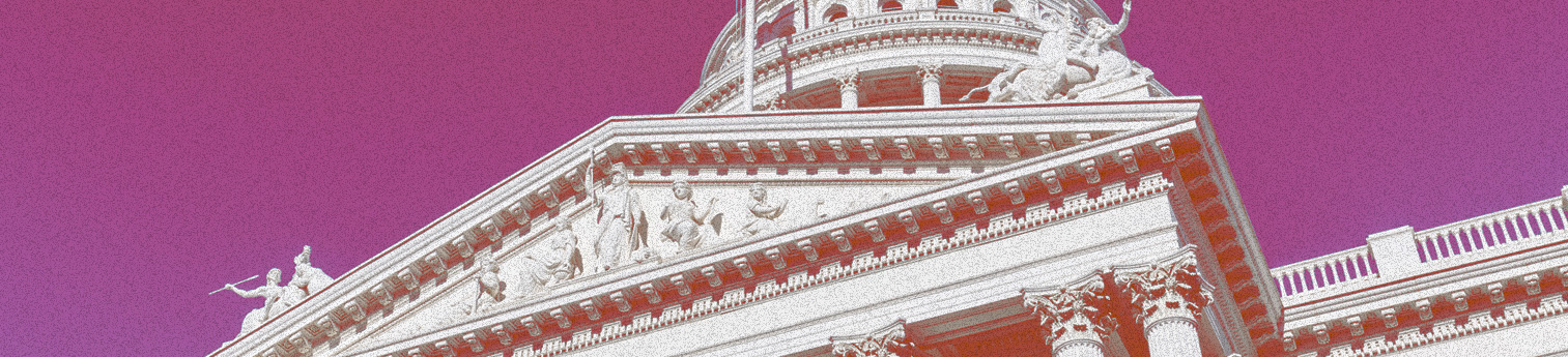 California State Capitol building in Sacramento in pink and purple colors.