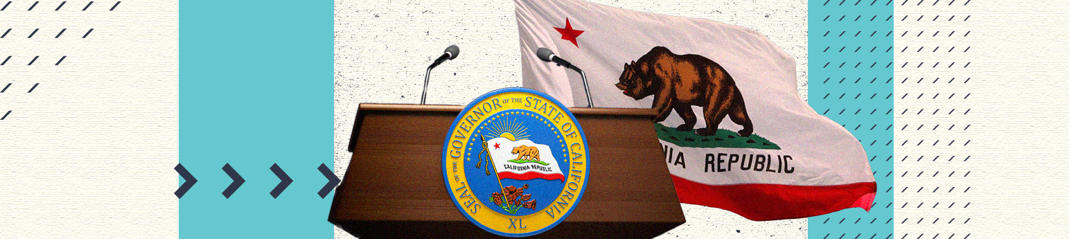 A photo of the podium where the governor of California has conferences and speeches, with the California state flag behind it.