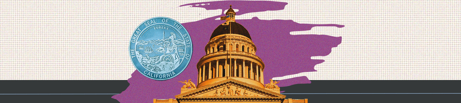 The capitol building with the California state seal to the left on a graphic background with beige, grey and blue shapes.