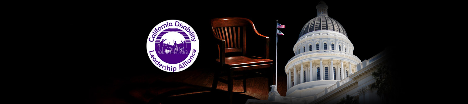 On the right is the CDLA logo, on the left is the CA State Capital building and a wooden empty chair in the middle.
