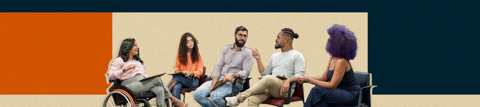 There are 5 people from left to right: A latina with long brunette hair wearing a pink blouse and khaki pants in a wheelchair, she has a notepad and pen in her hands, a woman with vitiligo, curly brown hair in an orange shirt and cutout jeans, a tanned skinned man with glasses, short hair and a beard  with a beige button up and jeans, and black man with braids wearing a white long sleeve shirt and jeans, a black woman with a purple afro and a dark blue dress. The background is orange, beige and dark blue.