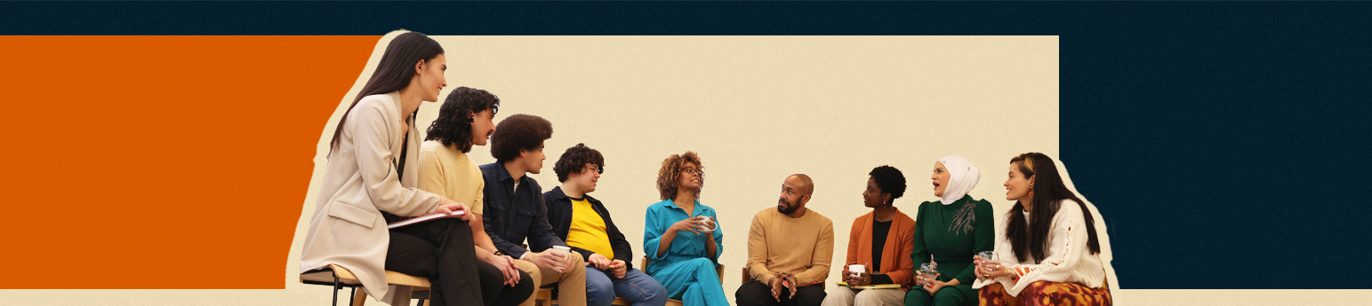 A group of diverse individuals having a conversation with a orange, beige and blue background