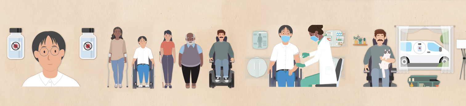 Several Illustrations showing how people with disabilities can get the vaccine.