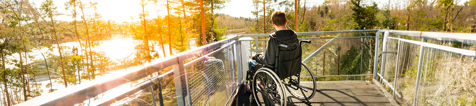 A male in a wheelchair looking at the sunset with trees around him.