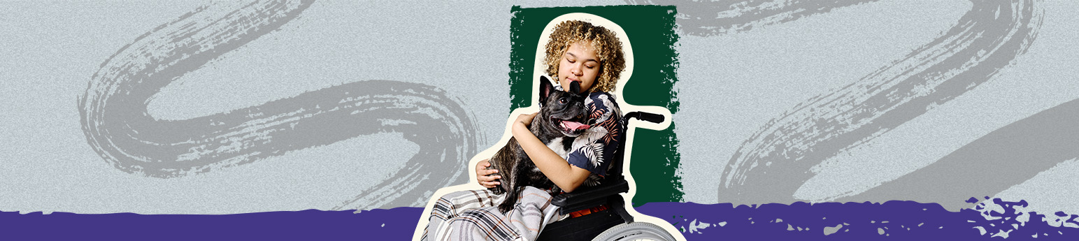 A mixed black and caucasian woman with curly blonde hair in a wheelchair holding her French bulldog.