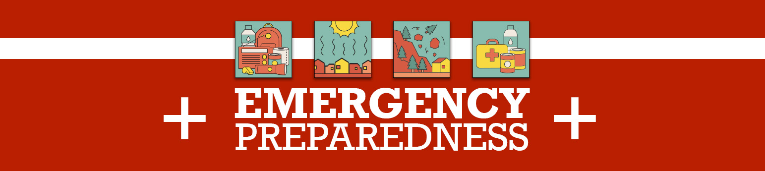 An orange and yellow background with an illustration of two red emergency go bags with first aid kits, canned food, flashlight and radio graphics. Text: Emergency Preparedness