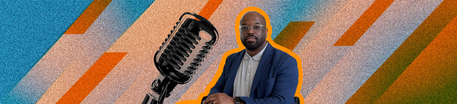 Eric Harris a black man in a wheel chair sitting down behind a round table. A large podcast microphone on his left. this is all against a orange background.