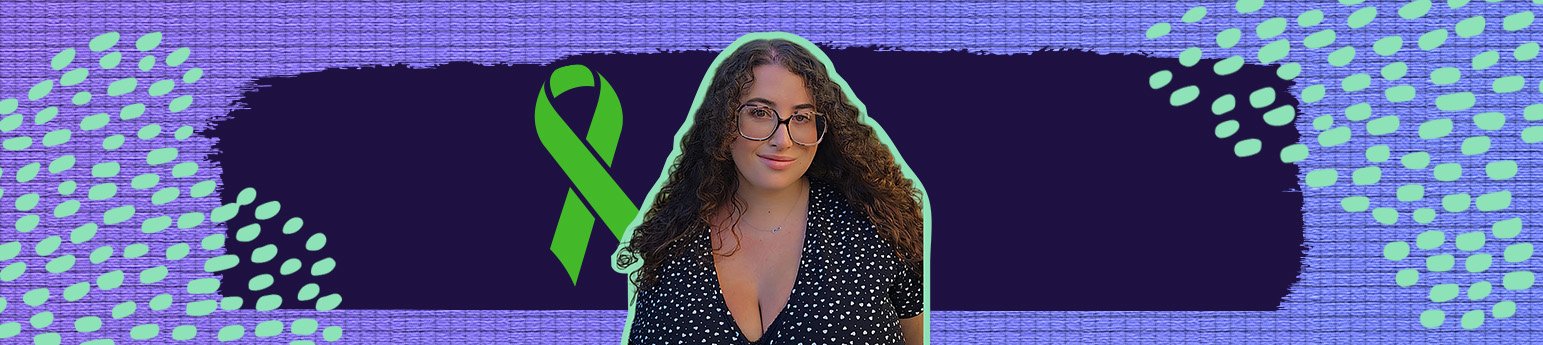 A portrait shot of Gracie Doran, with a green mental health ribbon illustration and a purple and green background