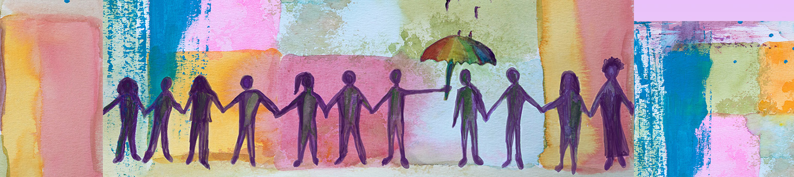 Painting of simple figures holing each others hands with one putting an umbrella over another figure over a pastel with pinks, blues, orange and green watercolor background