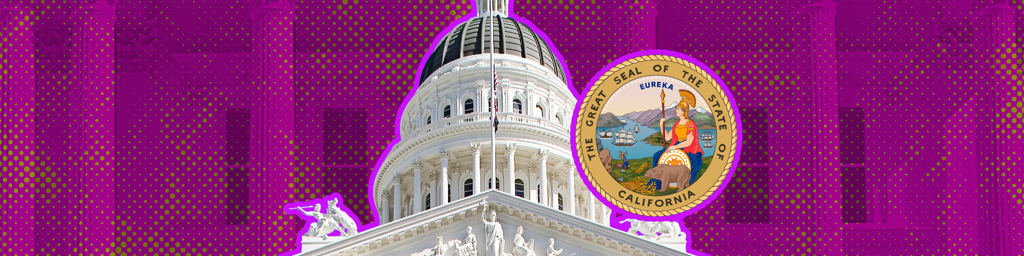 Photo of the CA State Capital building with the CA state seal in front of it.