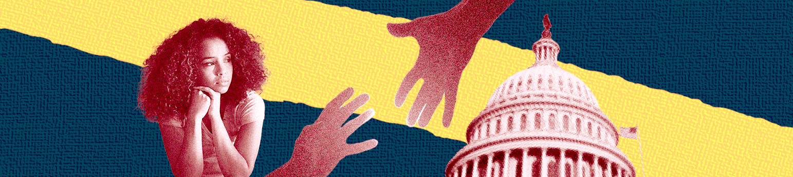 A banner of a woman deep in thought, a pair of two hands reaching out to each other and the capitol building.