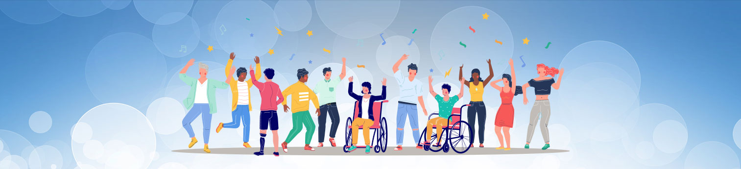 An abstract illustration of several people celebrating. Some of the people have visible disabilities.