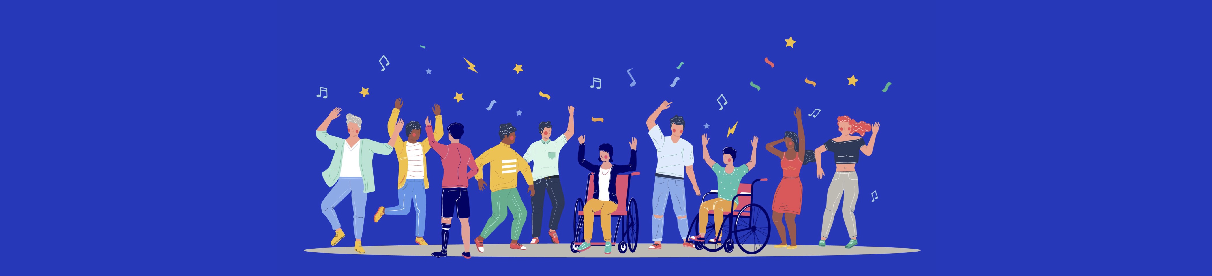 Una ilustración de un grupo diverso de personas, celebrando, uno tiene una pierna protésica y dos son usuarios de sillas de ruedas.