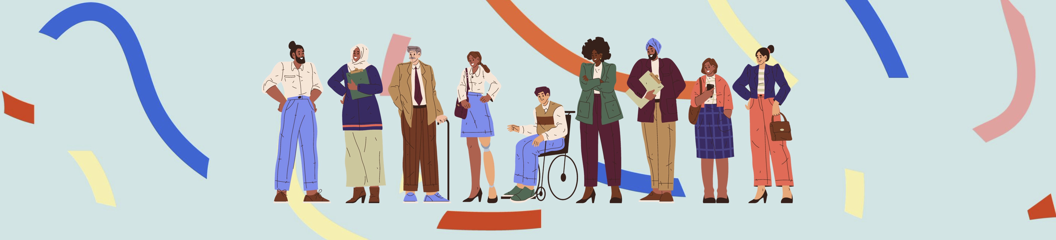 An illustration of a diverse group of people in business wear with a confetti background, one male is in a wheelchair, one woman has a prosthetic leg, and one male has a cane.