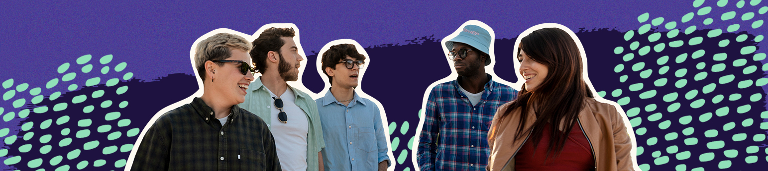 Multiracial group of young people walking and talking together, background is purple with light green ovals.