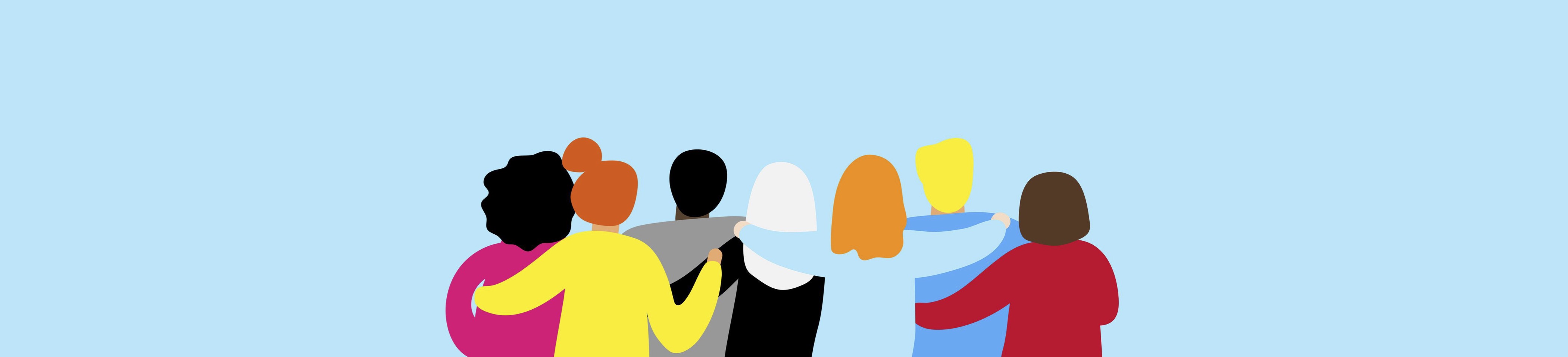 An illustration of a diverse group of people, hugging together with their backs turned away. 