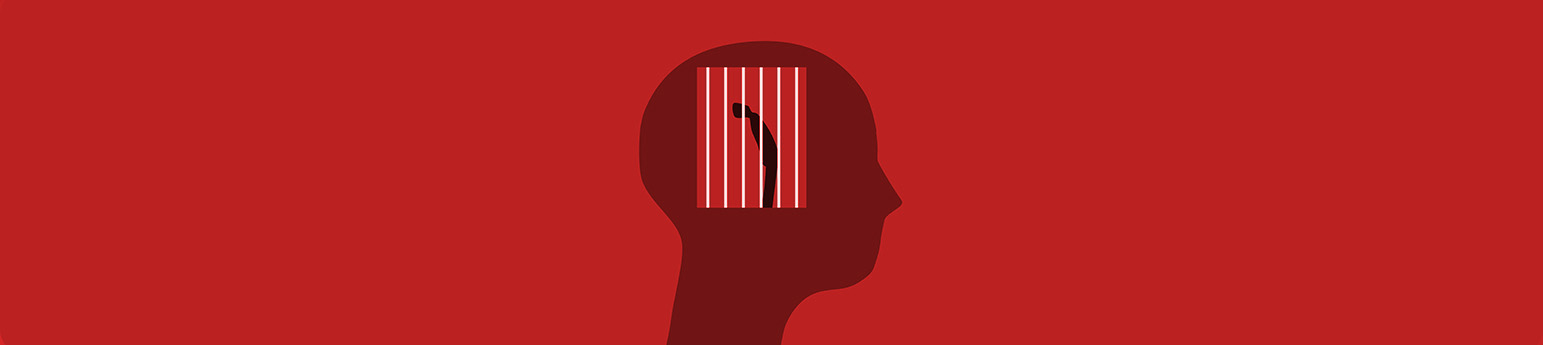 Blue background with a darker red illustration of a portrait view of a human head. In the mind is human trapped in a prison.
