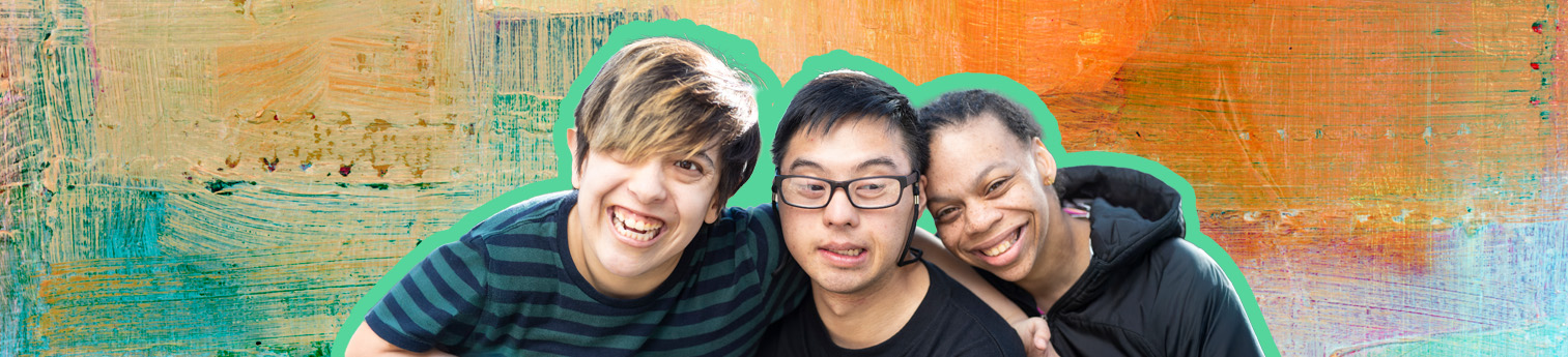 A group of three boys with intellectual disabilities living a vibrant and happy life. They are against an abstract background.