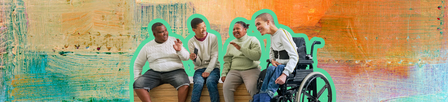 Cheerful teenage girl, teenage boys and young man all with different disabilities sitting together. An abstract texture in background.