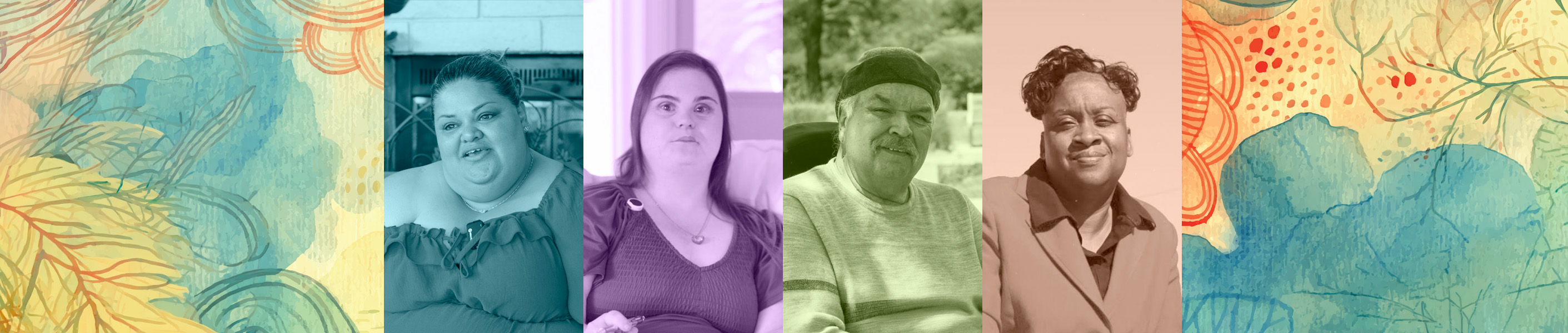 A abstract background with flowers showing portraits of four people who will be in the video series. 