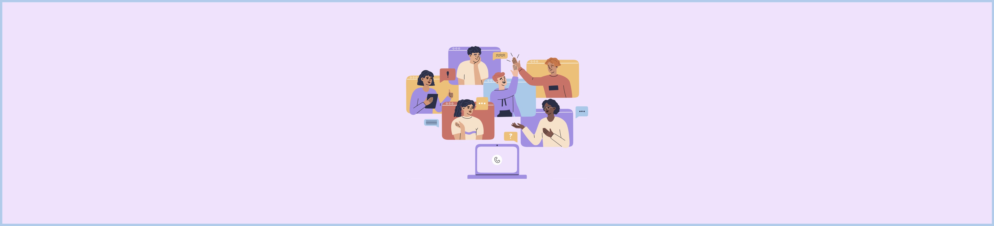 An illustration of people with diverse backgrounds having an online discussion.