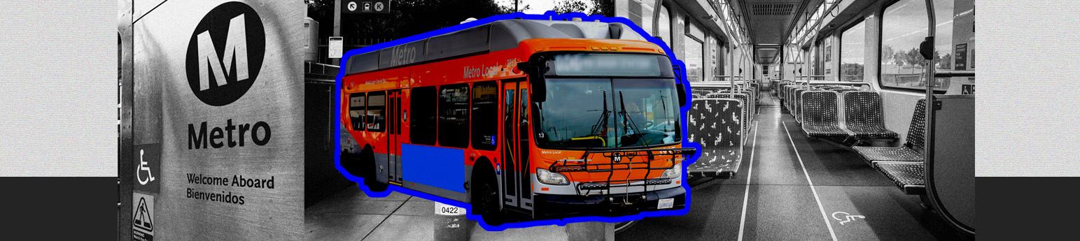 A collage of inside of a metro train, their seating including this disabled and priority seating, a LA Metro bus and the inside of a train platform with the LA Metro's disability cart signage. 
