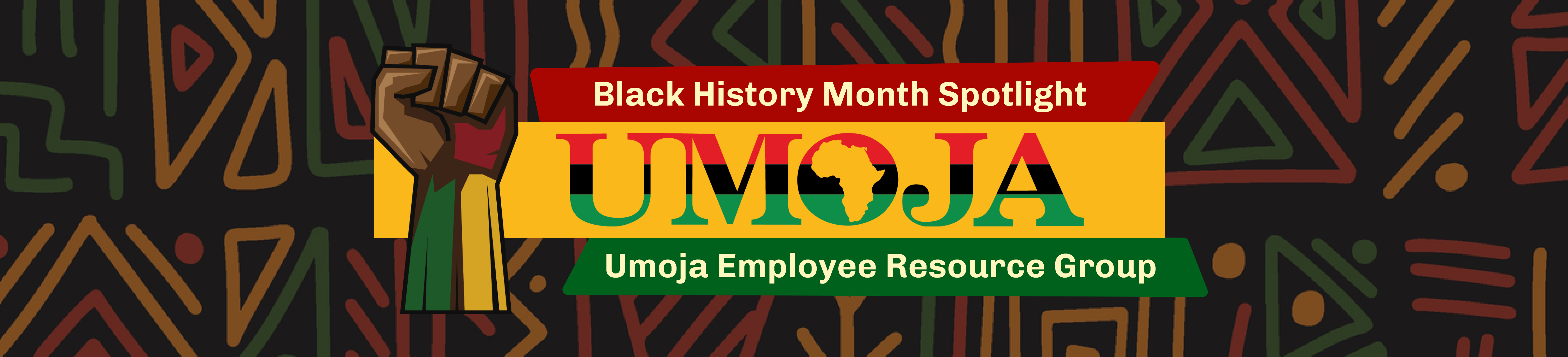 An illustration of a raised fist with the Umoja logo with text that reads Black History Month Spotlight Umoja Employee Resource Group