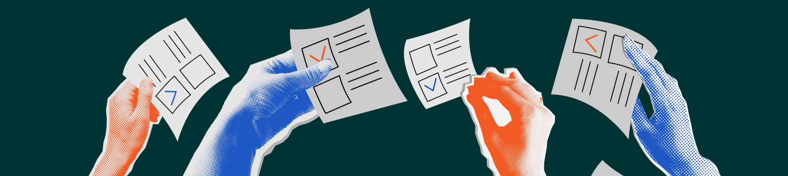 Red and Blue hands holding ballots on a dark green background.