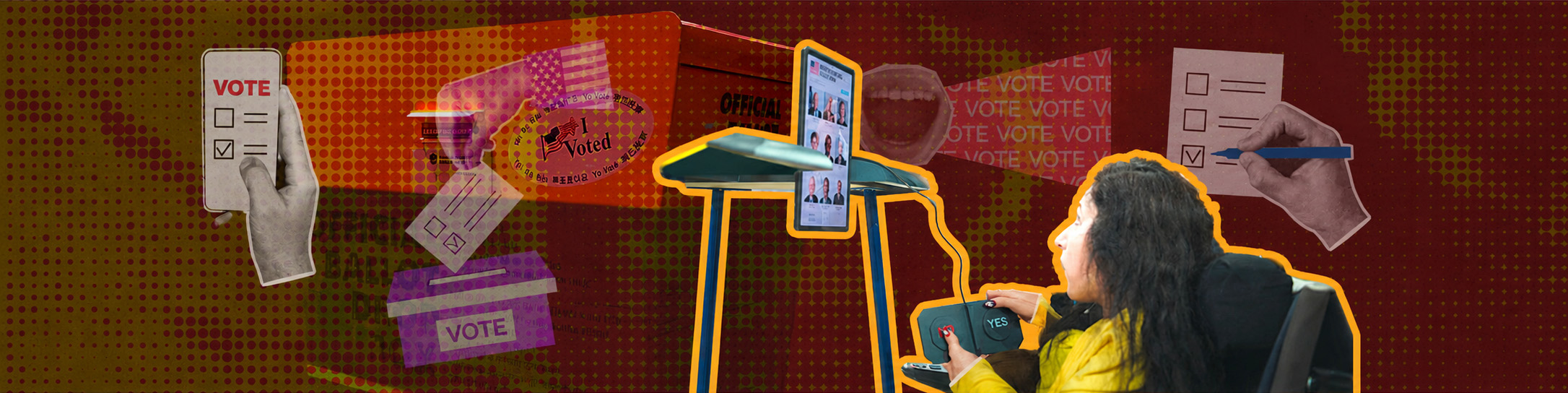 Collage illustrating voting and election participation, featuring marked ballots, an ‘I Voted’ sticker, an electronic voting machine, and a person casting a vote.