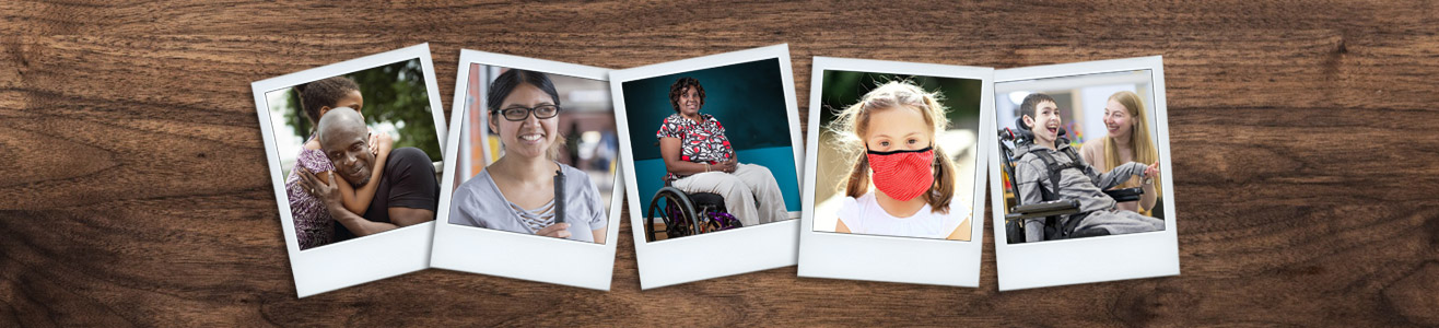 Several polariod photos of people of different ethnic backgrounds who all have a disability.