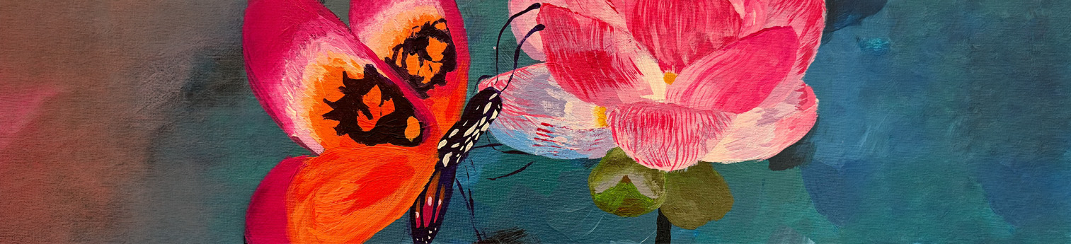 Painting of the butterfly sitting on a flower.