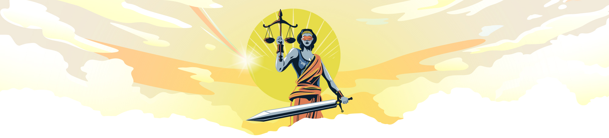 A glowing illustration of lady justice shining in the clouds filled with sunlight.