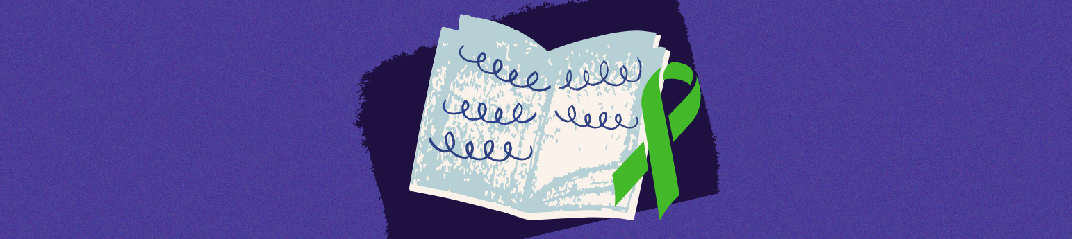 An illustration of an open book with the green mental health awareness ribbon on a purple background.