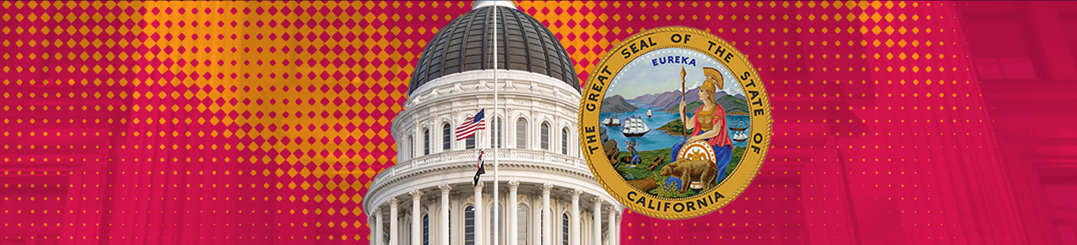 Photo of the CA State Capital building with the CA state seal in front of it.