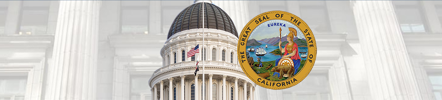 Photo of the CA State Capital building with the CA state seal in front of it.
