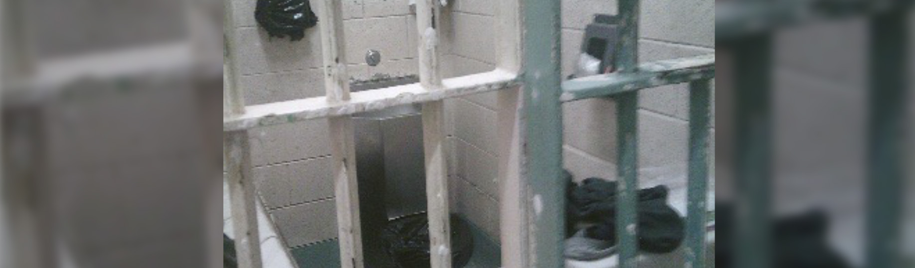 Isolation cell, with little room to stand, and with bars that have been used by suicidal incarcerated people as tie-off points 