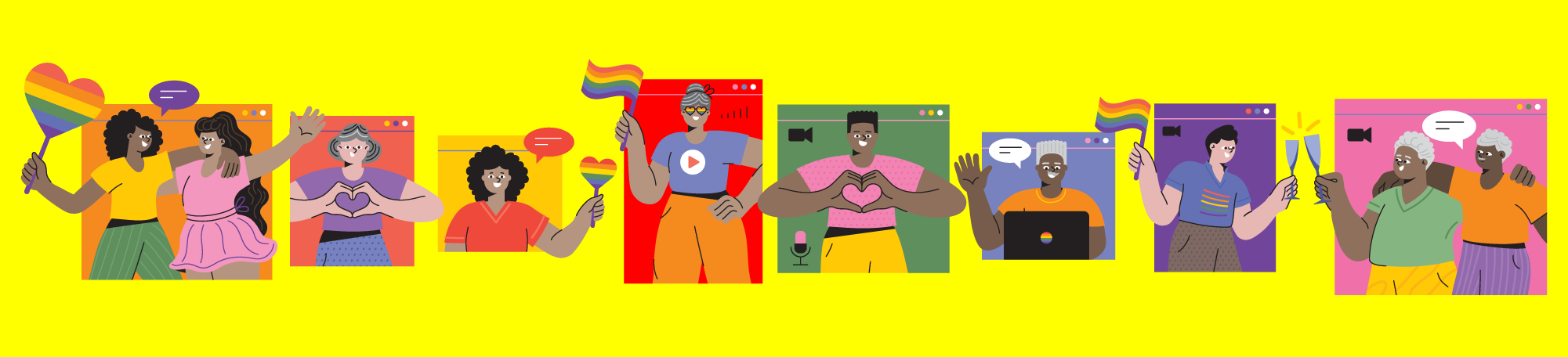 A colorful illustration of diverse members of the LGBTQ+ community celebrating pride month.