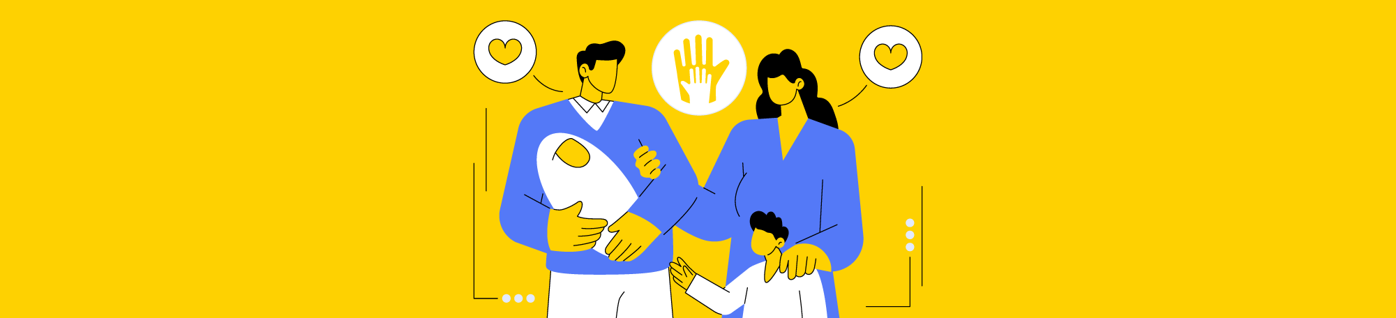 Una ilustración de padres amorosos y sus dos hijos pequeños.