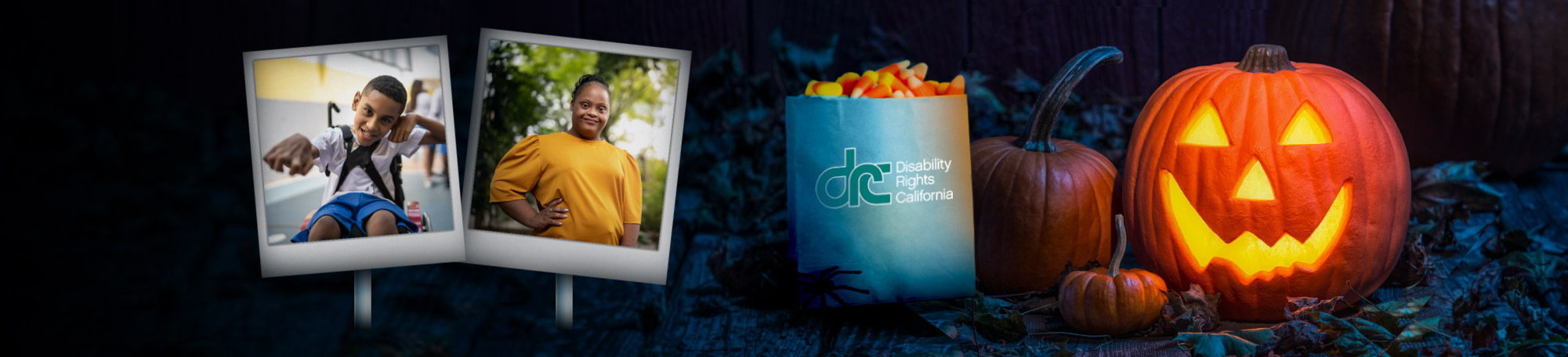 A photo go a front lawn at night with a jackolantern and a back of candy with the DRC logo on it. Next to it are two photos of people with different disabilities.