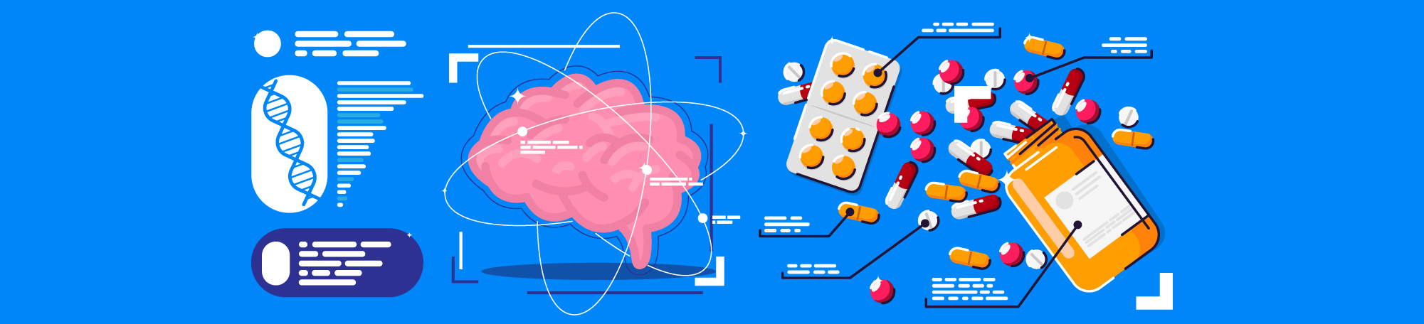Colorful illustration of a brain and pill capsules.